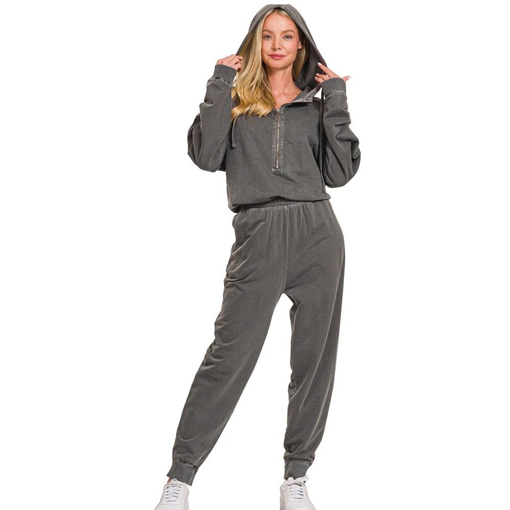 Zenana Gray Hooded Jumpsuit Small Half Zip Cotton Jogger One Piece Loungewear